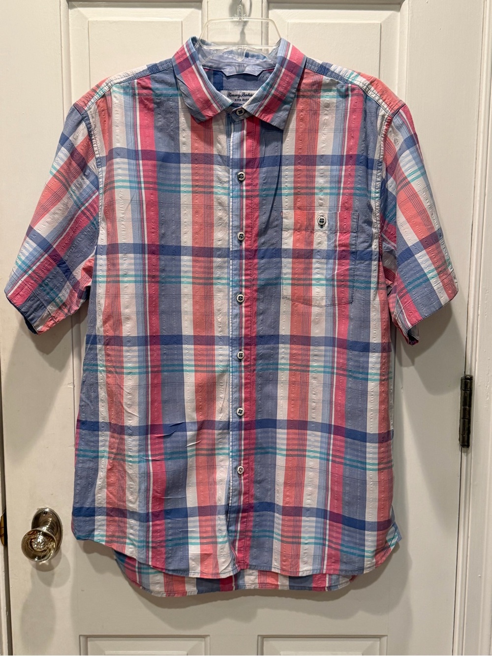 Tommy Bahama Nova Wave Men's M Plaid Blue Red White Cotton Short Sleeve Shirt